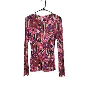 Sweet Pea Women's Mesh Floral Print Long Sleeves Fitted Y2K Artsy Top - L
